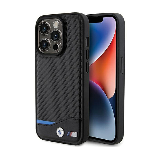BMW Leather Carbon Blue Line MagSafe - iPhone 15 Pro tok fekete (BMHMP15L22NBCK)