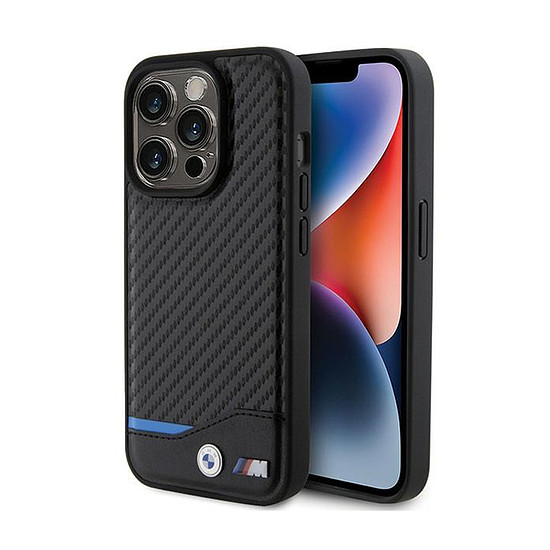 BMW Leather Carbon Blue Line tok iPhone 15 Pro készülékhez fekete (BMHCP15L22NBCK)