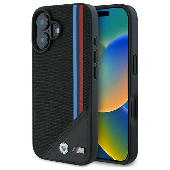 BMW M hálós, háromszínű csíkos MagSafe tok iPhone 16-hoz - fekete