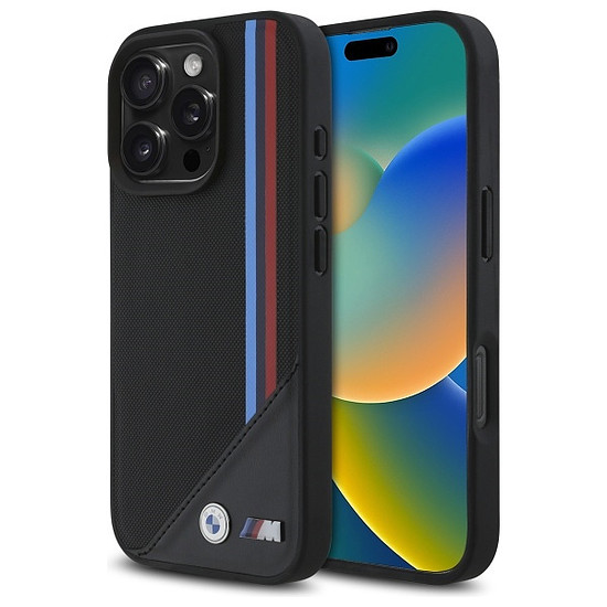 BMW M hálós, háromszínű csíkos MagSafe tok iPhone 16 Próhoz - fekete