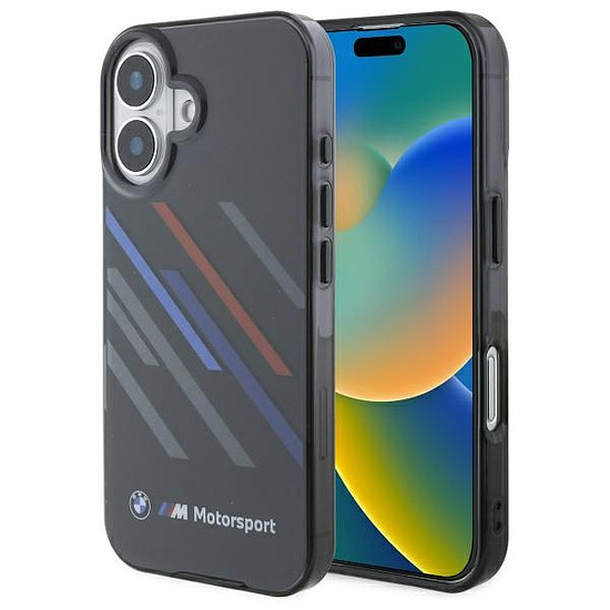 BMW Motosport IML véletlenszerű csíkos iPhone 16 Plus tok - fekete