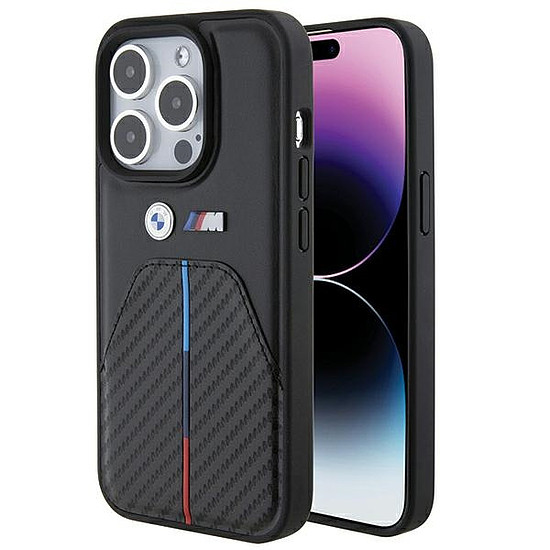 BMW nyomott háromszínű csíkos iPhone 15 Pro tok - fekete