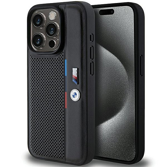BMW perforált háromszínű vonalas tok iPhone 15 Pro-hoz - fekete