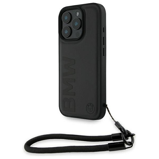 BMW Signature bőrtok iPhone 16 Pro Maxhoz, felirattal, zsinórral - fekete