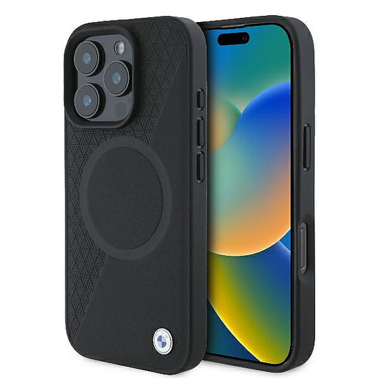 BMW Signature féltexturált és kör alakú MagSafe bőrtok iPhone 16 Próhoz - fekete