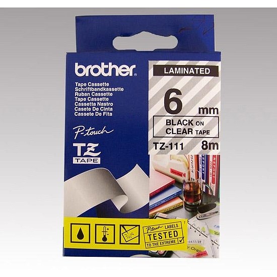 Brother TZe-111 laminált feliratozószalag 6mm széles átlátszó - fekete