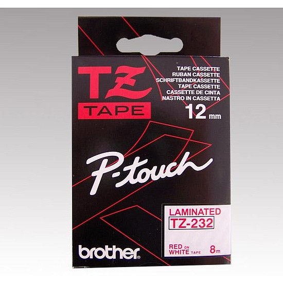 Brother TZe-232 laminált feliratozószalag 12mm széles fehér - piros