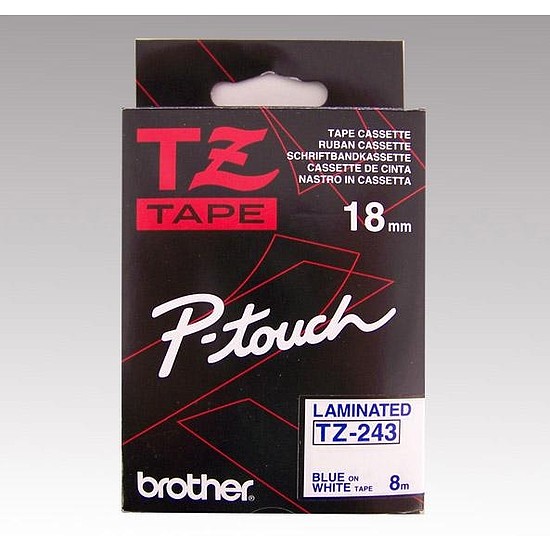 Brother TZe-243 laminált feliratozószalag 18mm széles fehér - kék