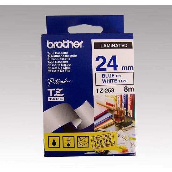 Brother TZe-253 laminált feliratozószalag 24mm széles fehér - kék