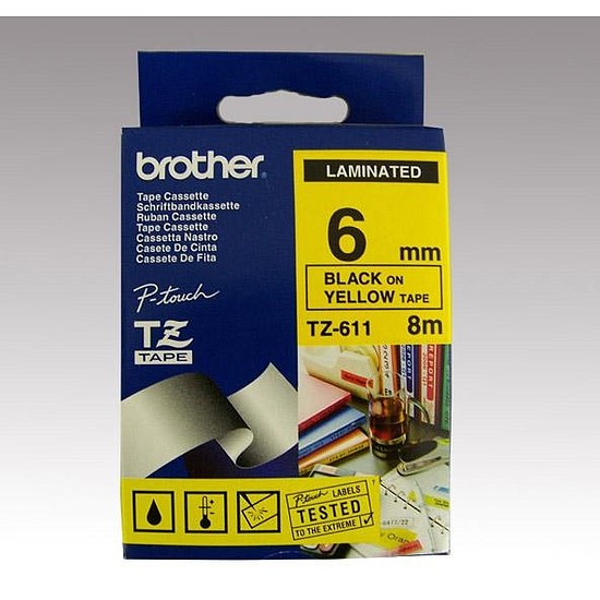 Brother TZe-611 laminált feliratozószalag 6mm széles sárga - fekete