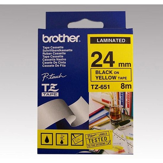 Brother TZe-651 laminált feliratozószalag 24mm széles sárga - fekete