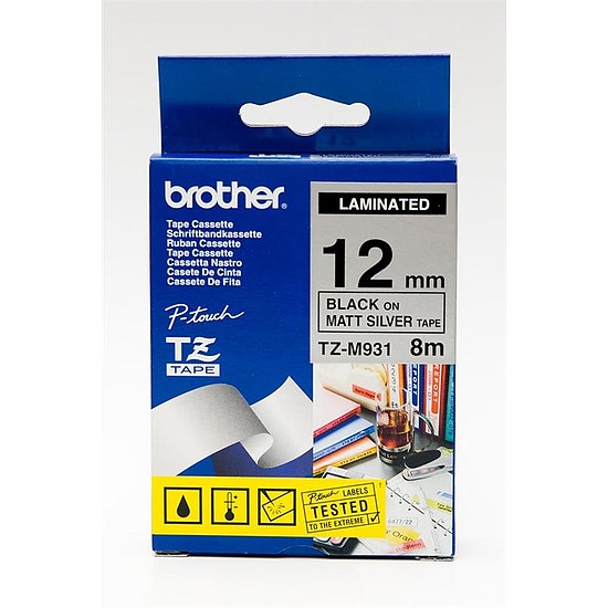 Brother TZe-M931 laminált feliratozószalag 12mm széles ezüst - fekete