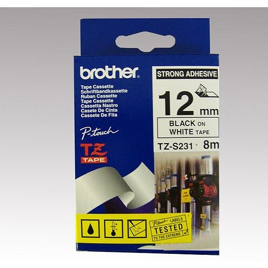 Brother TZe-S231 laminált feliratozószalag 12mm széles fehér - fekete erős tapadású