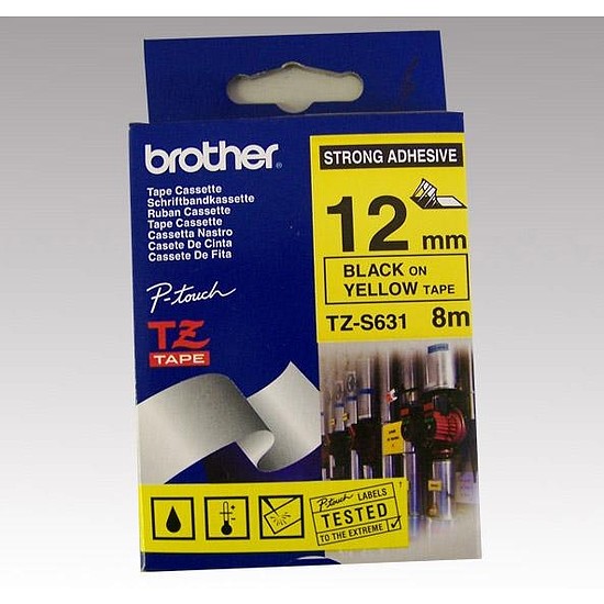 Brother TZe-S631 laminált feliratozószalag 12mm széles sárga - fekete erős tapadású