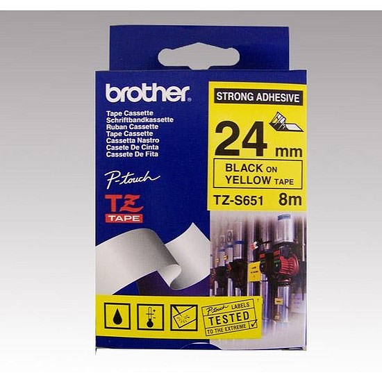 Brother TZe-S651 laminált feliratozószalag 24mm széles sárga - fekete erős tapadású