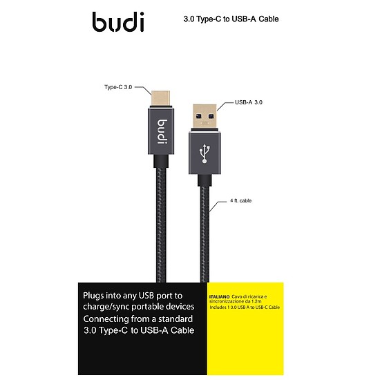 Budi - 3.0 USB-A - USB C kábel. 3,0A áramot képes átengedni. Aranyozott csatlakozó. (BD178T)