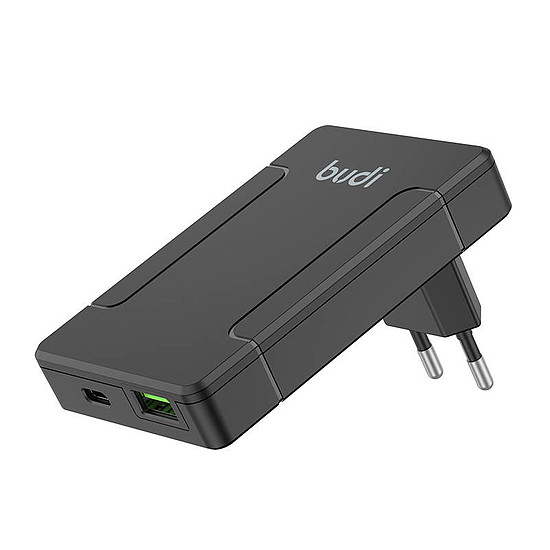 Budi univerzális fali töltő, USB + USB-C, PD 65W + EU/UK/US/AU adapterek, fekete (337)