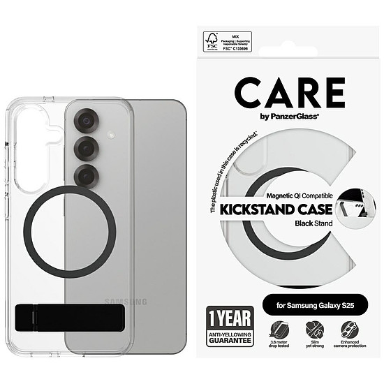 CARE by PanzerGlass fekete kihajtható állvánnyal és QI tokkal Samsung Galaxy S25 készülékhez - átlátszó