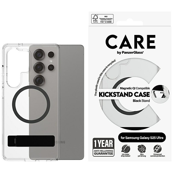 CARE by PanzerGlass fekete kihajtható állvánnyal és QI tokkal Samsung Galaxy S25 Ultra készülékhez - átlátszó