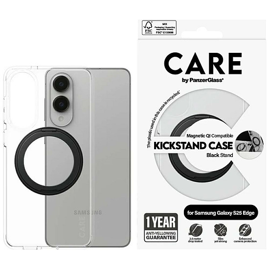 CARE by PanzerGlass fekete kihajtható állvánnyal és QI tokkal Samsung Galaxy S25 Edge-hez - átlátszó