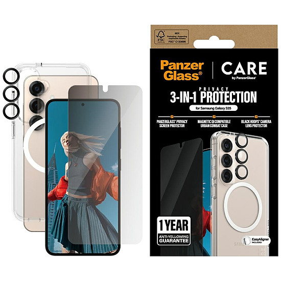 CARE by PanzerGlass Flagship 3in1 tok + Betekintést gátló üveg + Lencse Samsung Galaxy S25 készülékhez
