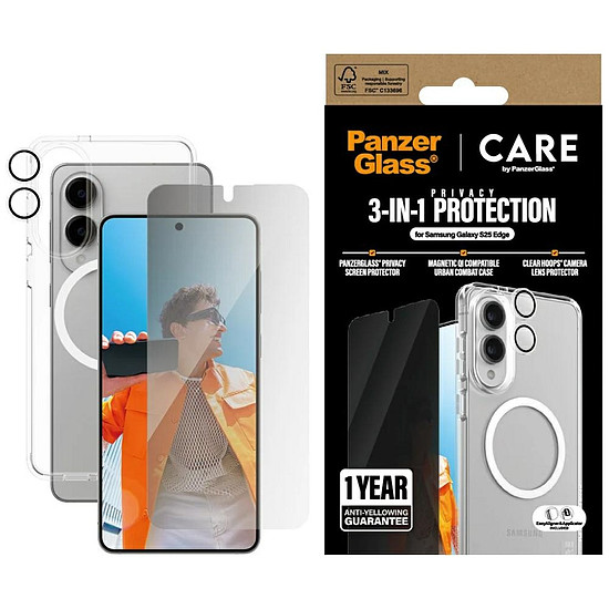 CARE by PanzerGlass Flagship 3in1 tok + Betekintést gátló üveg + Lencse Samsung Galaxy S25 Edge készülékhez - átlátszó