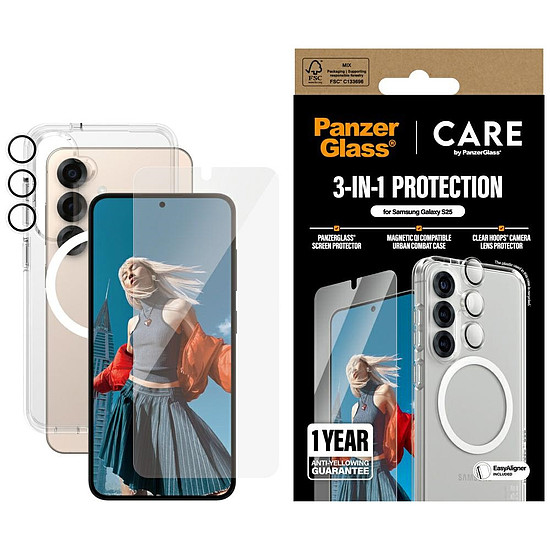 CARE by PanzerGlass Flagship 3in1 tok + üveg + lencsevédő készlet Samsung Galaxy S25 készülékhez