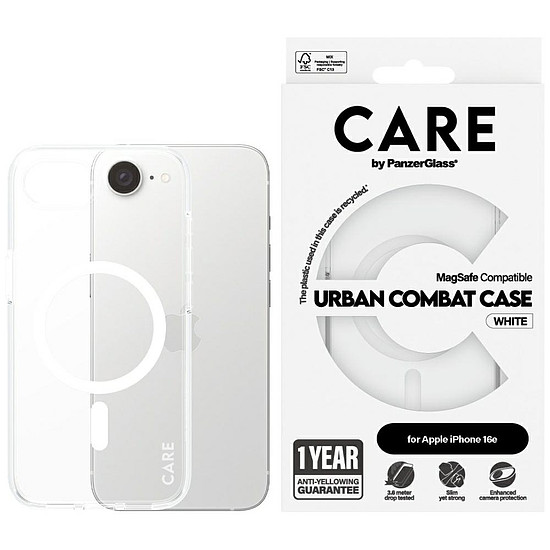 CARE by PanzerGlass Flagship Urban Combat fehér MagSafe iPhone 16e tok - átlátszó