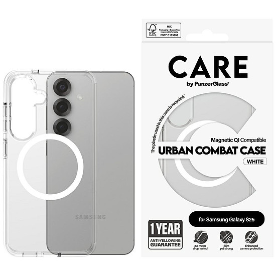 CARE by PanzerGlass Flagship Urban Combat fehér QI tok Samsung Galaxy S25-höz - átlátszó