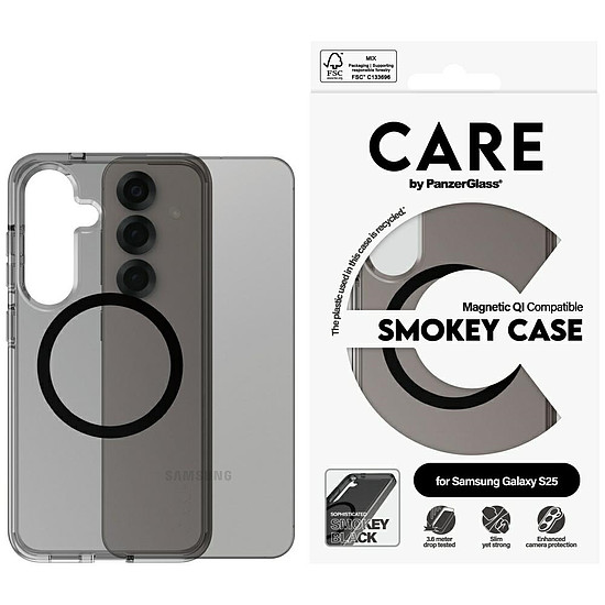 CARE by PanzerGlass Flagship Urban Combat fekete QI tok Samsung Galaxy S25-höz - félig átlátszó füstszínű