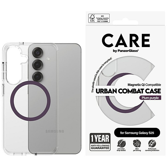 CARE by PanzerGlass Flagship Urban Combat Purple QI tok Samsung Galaxy S25-höz - átlátszó