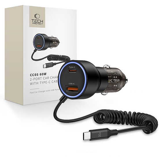 CC05 Autós Töltő 2 Portos PD60 W + USB-C Kábel - Fekete
