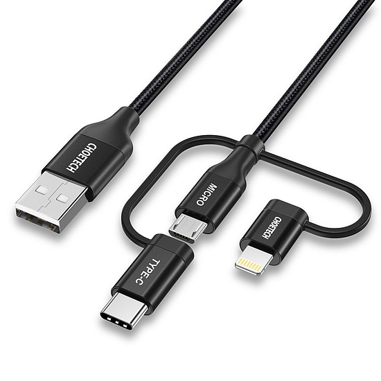 Choetech 3in1 MFI kábel USB - USB Type C / micro USB / Lightning (töltés 3A / adatátvitel 480 Mbps) 1,2 m fekete (IP0030-BK)