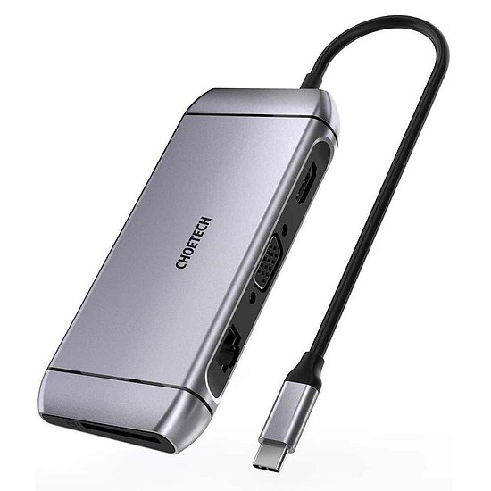 Choetech 9 az 1-ben multifunkcionális USB Type C HUB - 3x USB 3.2 Gen 1 / SD és TF memóriakártya olvasó / HDMI 4K 30Hz / VGA Full HD 60Hz / USB Type C / RJ45 szürke (HUB-M15 szürke)