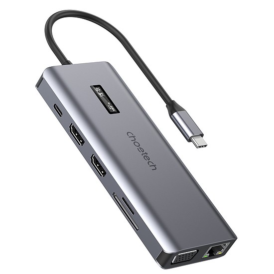 Choetech multifunkcionális HUB kijelzővel 12 az 1-ben USB-C USB-C / USB-A / HDMI / VGA / AUX / SD / TF szürke (HUB-M26)