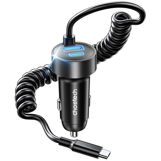 Choetech TC0030 65W 1C1A kétportos autós töltő 1.2m rugós kábellel