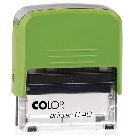 Colop Printer C 40 szövegbélyegző önfestékező nyári színek zöld ház fehér alsó résszel fekete párnával 23x59 mm