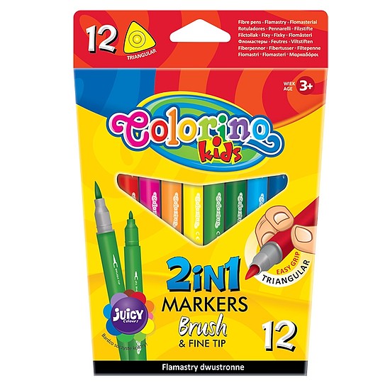 Colorino Háromszögletű, kétoldalas filckészlet, ecset-, és vékony heggyel, 12 szín
