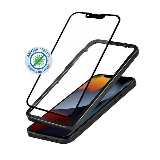 Crong Anti-Bacterial 3D Armor Glass - 9H edzett üveg az iPhone 14 Plus / iPhone 13 Pro Max + beépítési keret teljes képernyőjéhez (CRG-AB3DAG-IP13PM)