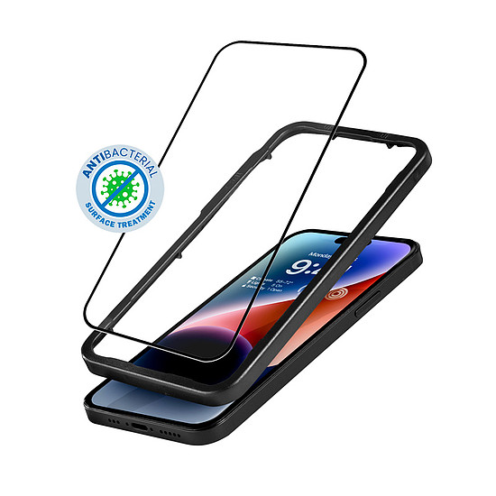 Crong Anti-Bacterial 3D Armor Glass - 9H edzett üveg az iPhone 14 Pro + beépítési keret teljes képernyőjéhez (CRG-AB3DAG-IP14P)