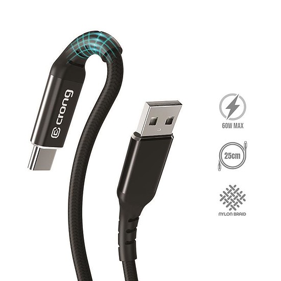 Crong Armor Link - USB-A-USB-C 60W 3A fonott kábel tápellátás gyors töltés 25cm fekete (CRG-AL025USAC-BLK)