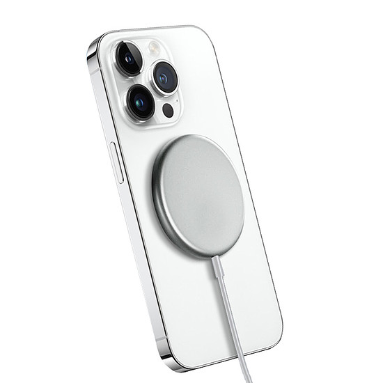Crong MagSpot - MagSafe alumínium vezeték nélküli töltő ezüstfehér (CRG-MS15W-SLV)