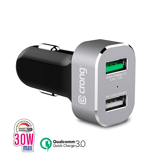 Crong Power Car Charger 30W 2 portos USB QC 3.0-val alumínium (CRG-PWRC-USB30-ALU)