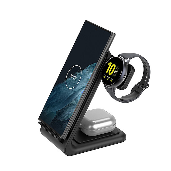 Crong PowerSpot Pivot Stand - 3 az 1-ben vezeték nélküli töltő Samsung és Android, Galaxy Watch és TWS fejhallgatókhoz fekete (CRG-PSPS-BLK)