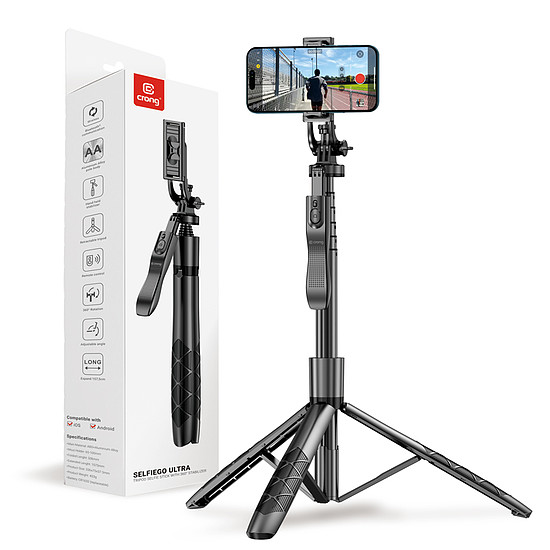 Crong SelfieGo Ultra - Alumínium Bluetooth selfie stick állvány fekete (CRGSGU1BLK)