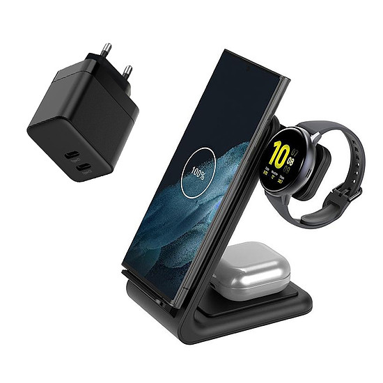 Crong - Set GaN Fali töltő 35 W és vezeték nélküli töltő PowerSpot Pivot Stand 3 az 1-ben (CRG-POWER-BUNDLE1)