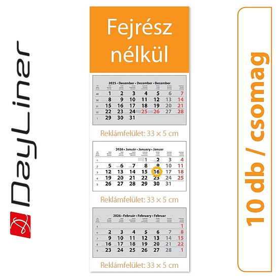 Dayliner speditőr naptár 3 tömb 3 hónap Fejrész nélkül 2026 (10 db / csomag)