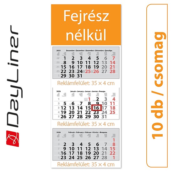 Dayliner speditőr naptár 3 tömb 3 hónap Maxi Classic Fejrész nélkül 2026 (10 db / csomag)