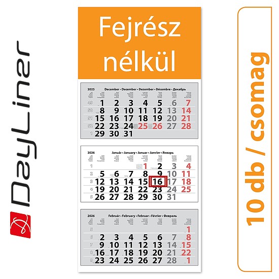 Dayliner speditőr naptár 3 tömb 3 hónap Medium Classic Fejrész nélkül 2026 (10 db / csomag)