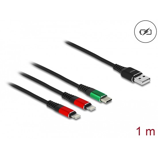 Delock 1 m hosszú, USB töltő kábel 3 az 1 A-típusú apa 2 x Lightning -, es USB Type-C csatlakozáshoz (86821)